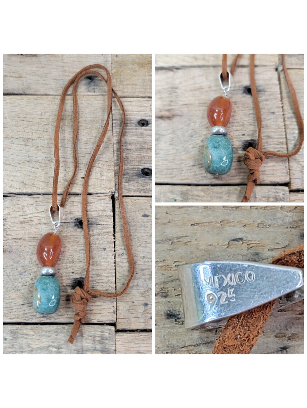 Sterling Silver Pendant Necklace Carnelian & Aventurine Gemstones Suede Leather